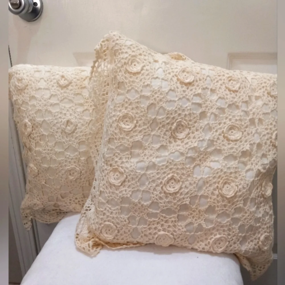 Two Crocheted Off White Pillows 16
